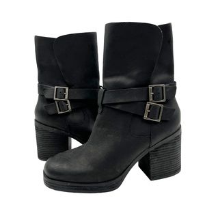 Korks Meegan Womens Leather Block Heel Mid-Calf Moto Boots, Black, Size 9.5